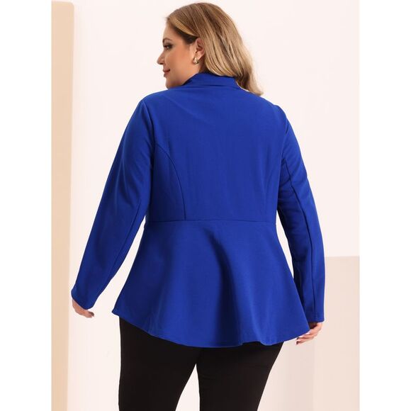 Women's Plus Size Ruffle V Neck Button Notch Panel Peplum Blazers Cobalt Blue - Picture 4 of 5